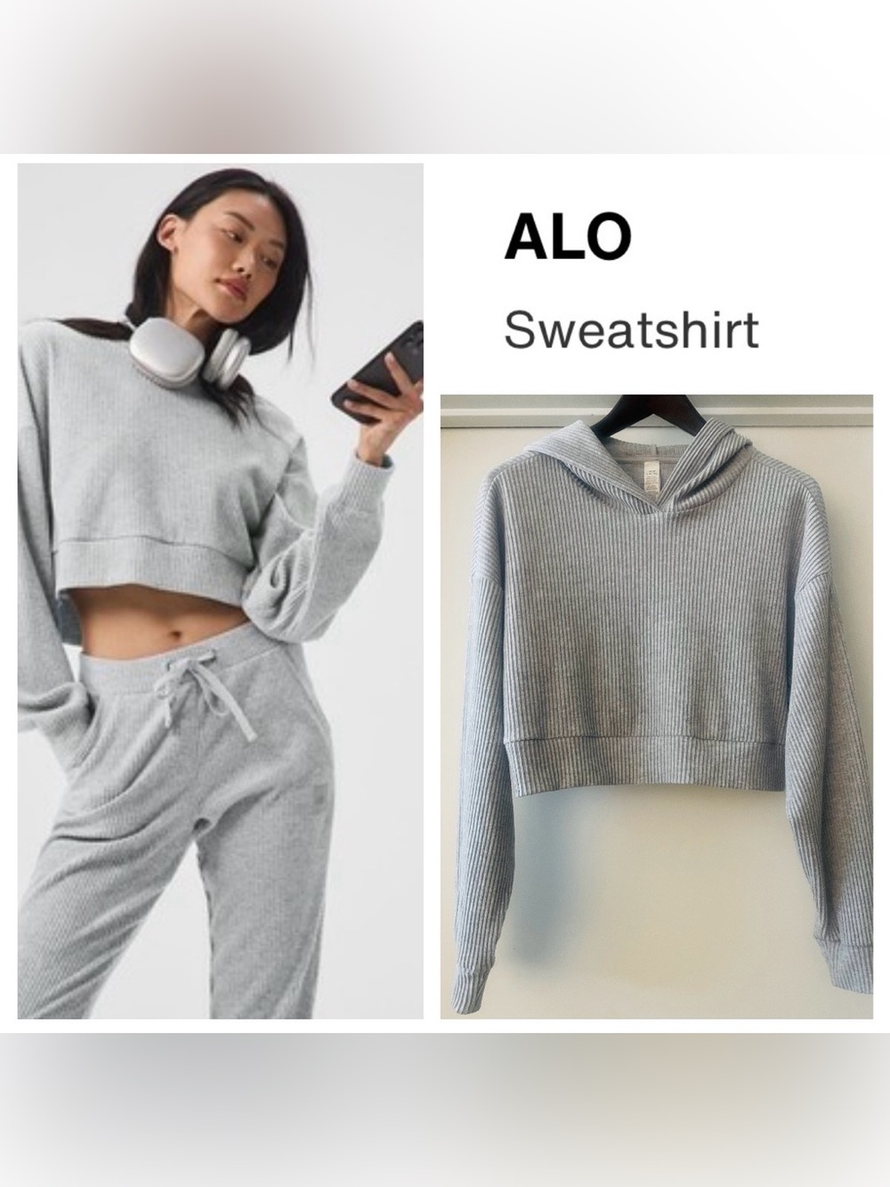 ALO YOGA Muse Hoodie Athletic Heather Grey Cropped Ribbed